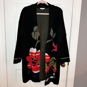 SIONI - Women’s, Cardigan, Black, Floral Design, Slight Roll Collar, Size XL